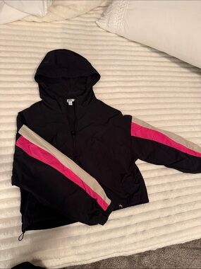 Joylab Black Hooded Windbreaker with Pink and Cream Sleeve Stripes
